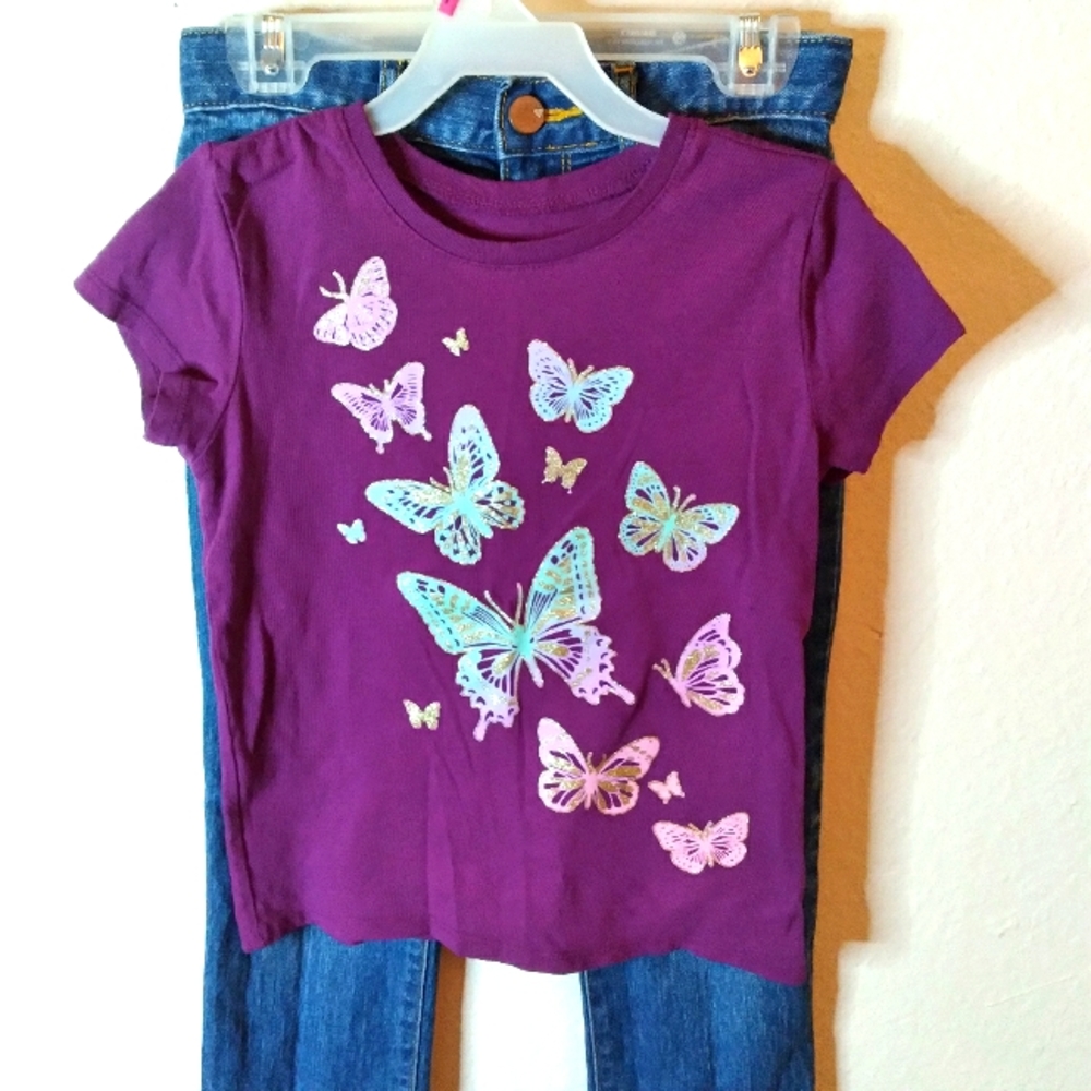 Children's Place Girls Purple Glitter Butterflies Graphic Design Tee Shirt